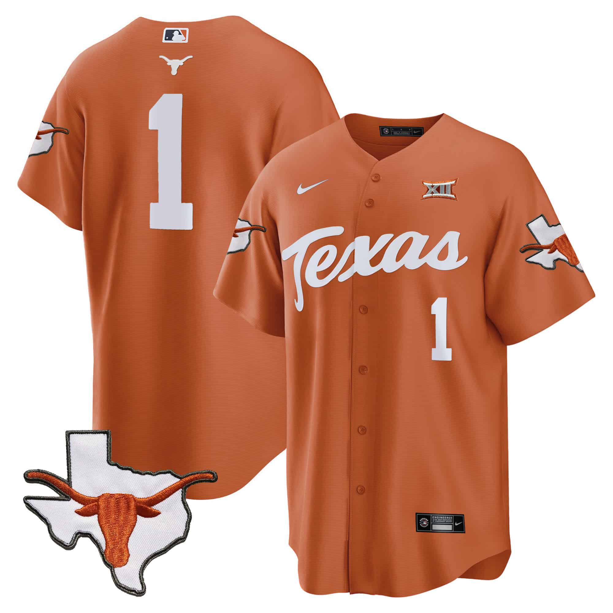 Men Texas Longhorns #1 No Name Orange 2024 Baseball NCAA Jersey style 1